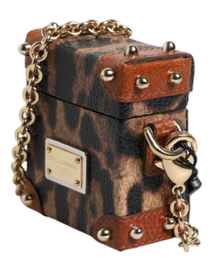 Dolce & Gabbana Brown Leopard Metal Logo Plaque Gold Chain Airpods Case