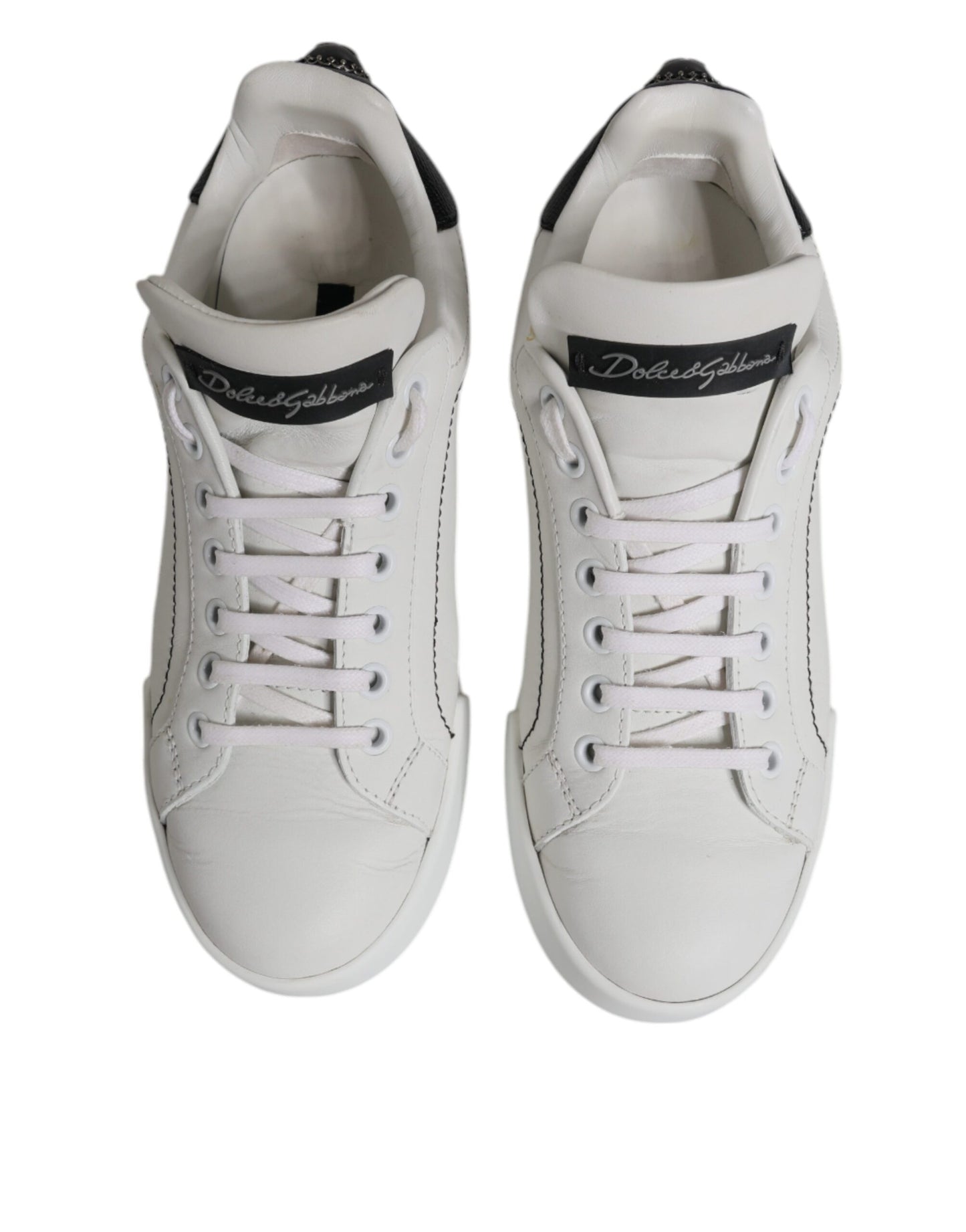 Dolce & Gabbana White Black Leather Low Top Sneakers Shoes