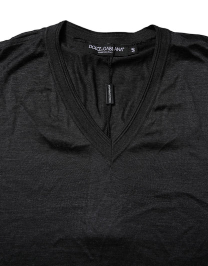 Dolce & Gabbana Dark Gray Silk V-neck Short Sleeves T-shirt