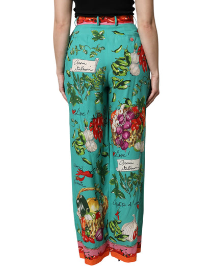 Dolce & Gabbana Green Silk Printed Straight Pants