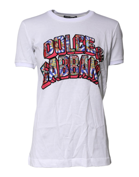 Dolce & Gabbana White Cotton Logo Print Round Neck T-shirt