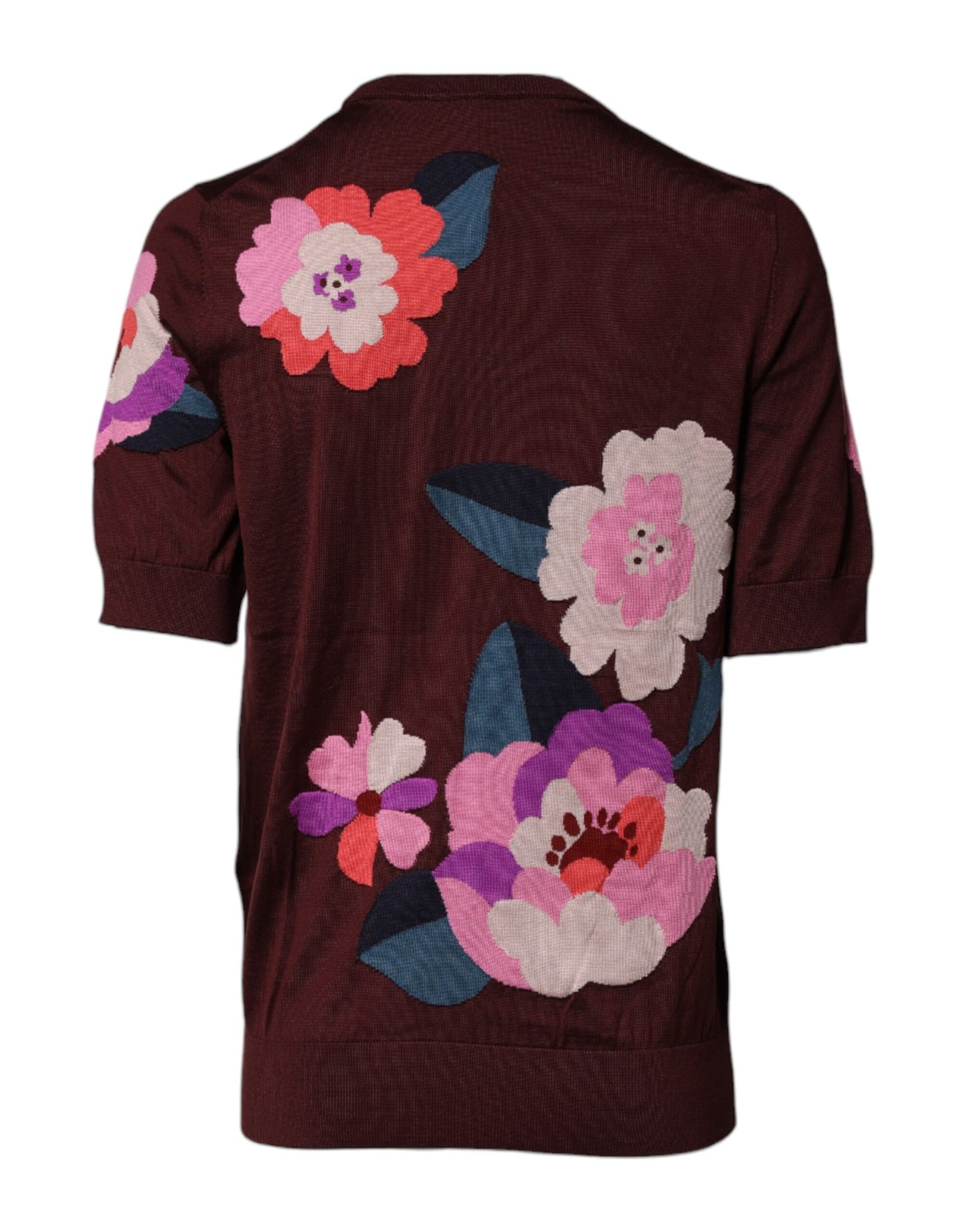 Dolce & Gabbana Maroon Floral Silk Crew Neck Blouse Top