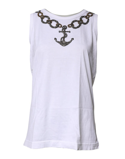 Dolce & Gabbana White Cotton Anchor Chain Embroidery Tank Top