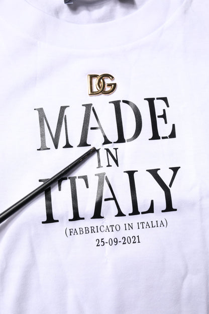 Dolce & Gabbana White Printed Round Neck Top Cotton T-shirt