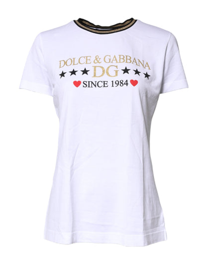 Dolce & Gabbana White Printed Round Neck Top Cotton T-shirt