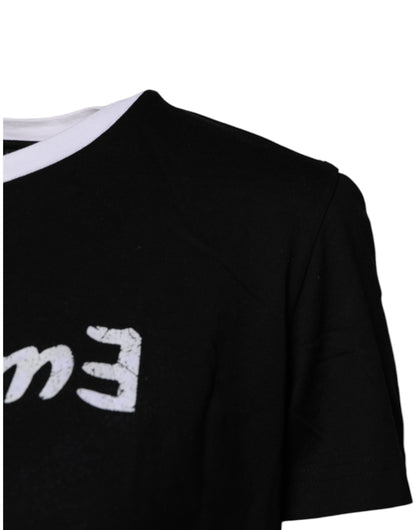 Dolce & Gabbana Black Printed Round Neck Top Cotton T-shirt