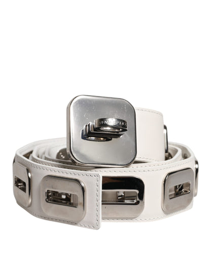 Dolce & Gabbana White Leather Gold Tone Rotating Buckle Belt