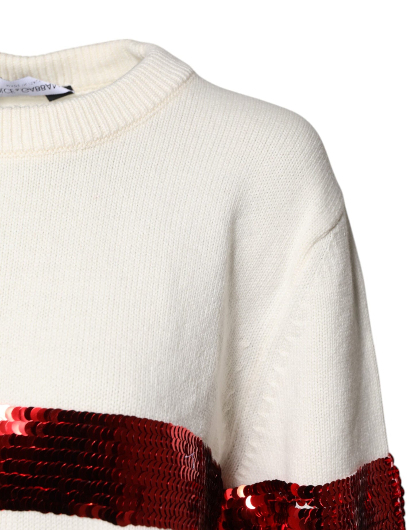 Dolce & Gabbana White Sequined Crew Neck Pullover Sweater