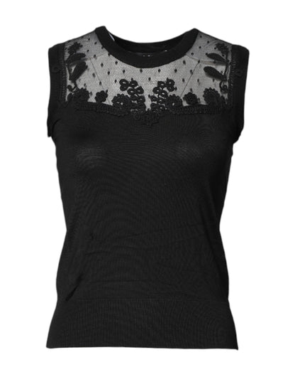 Dolce & Gabbana Black Lace Sheer Crew Neck Sleeveless Top