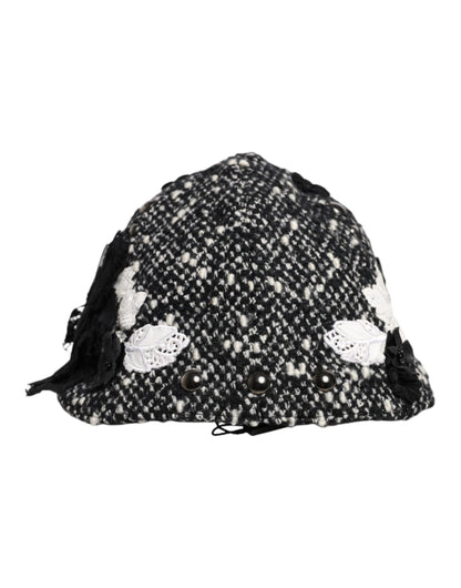 Dolce & Gabbana Black Wool White Floral Embellished Cloche Hat