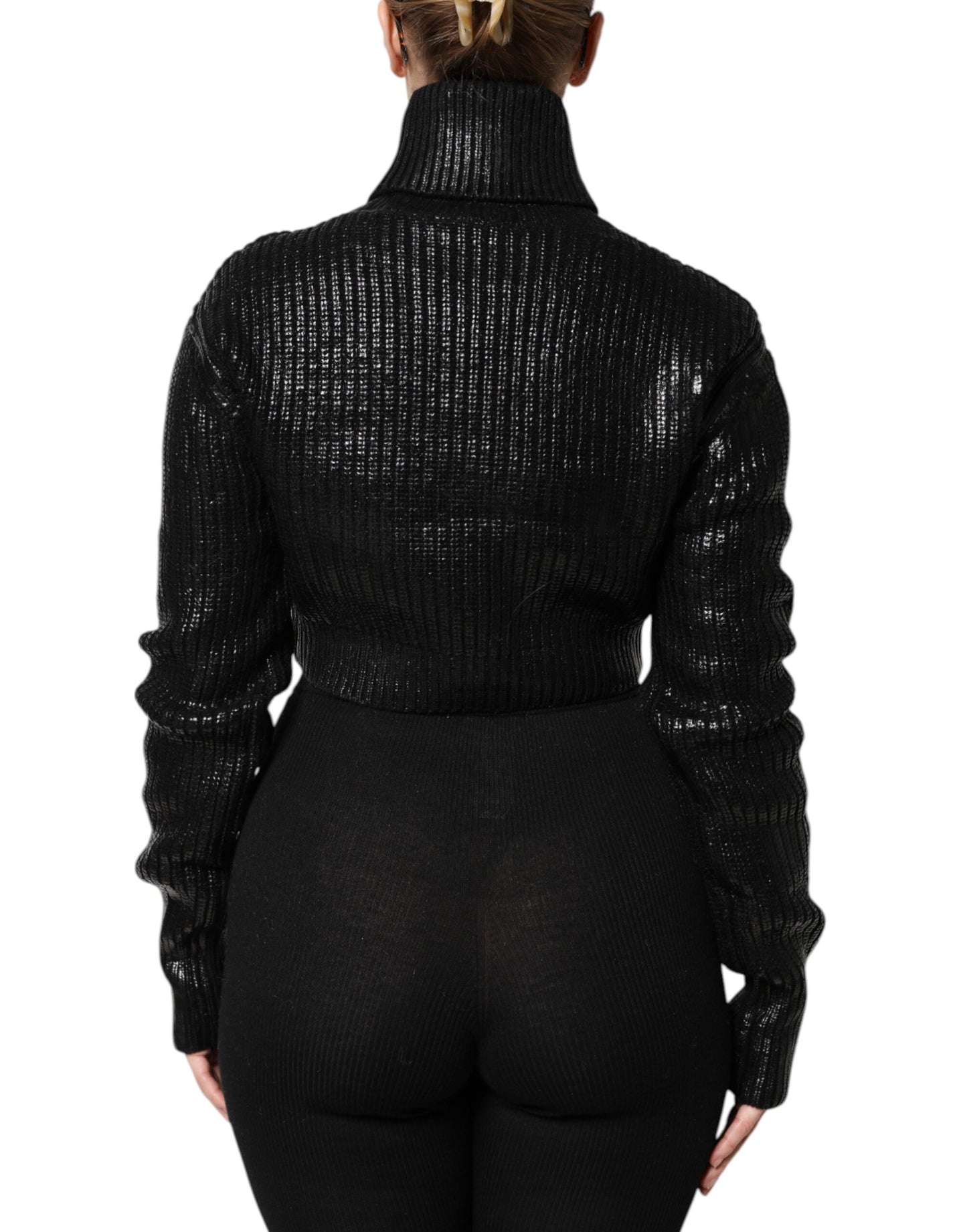 Dolce & Gabbana Black Wool Long Sleeve Turtleneck Cropped Top