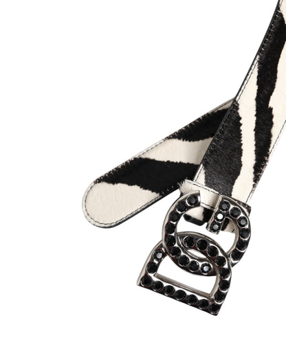 Dolce & Gabbana White Black Leather Zebra DG Crystal Buckle Belt