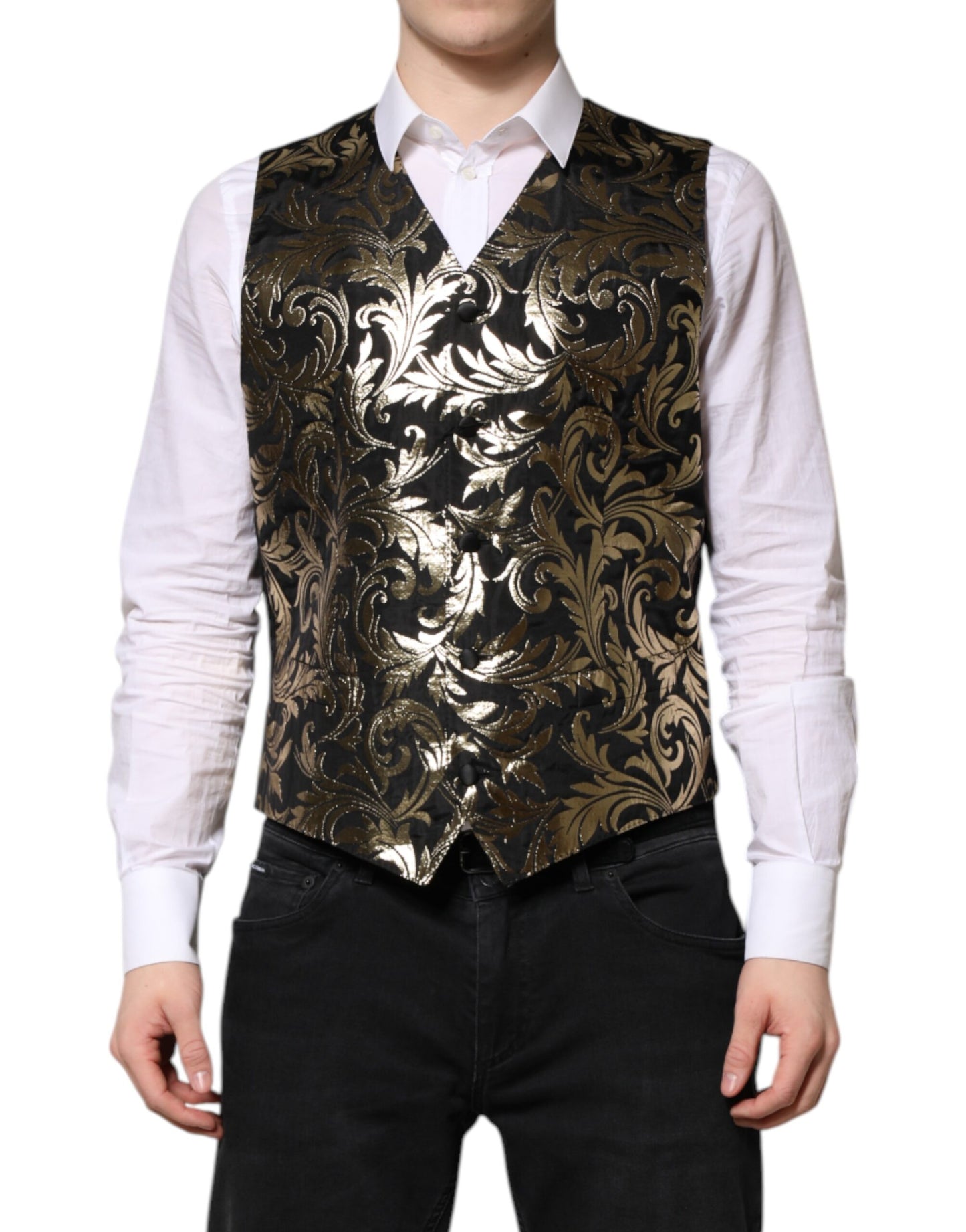 Dolce & Gabbana Black Gold Jacquard Formal Men Waistcoat Vest