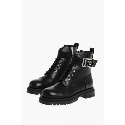 Balmain Leather Combat Booties with Ankle Strap and Logoed Buckle