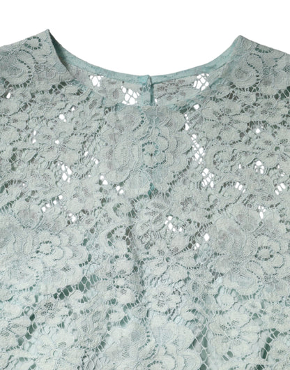 Dolce & Gabbana Mint Green Floral Lace Cotton Blouse Top