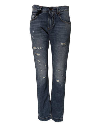 Dolce & Gabbana Blue Cotton Tattered Boyfriend Denim Jeans