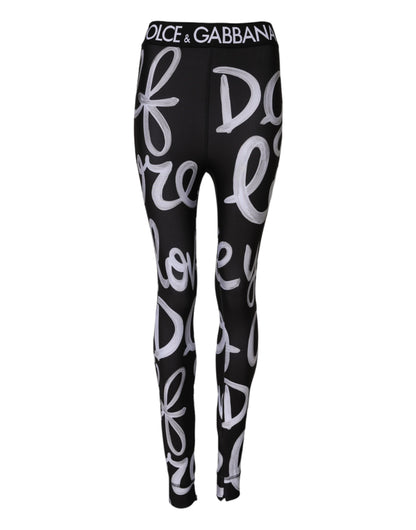 Dolce & Gabbana Black Polyester Logo Print Mid Waisted Pants