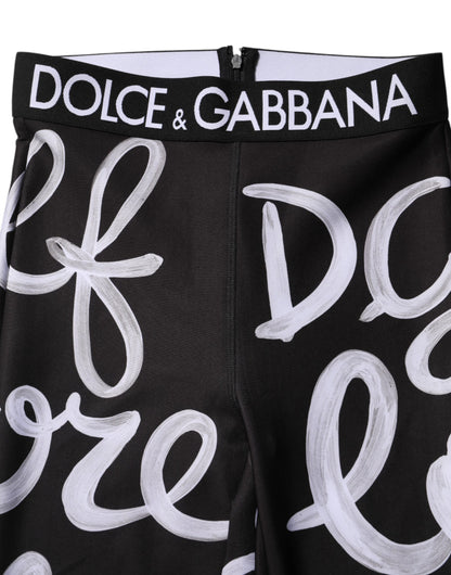 Dolce & Gabbana Black Polyester Logo Print Mid Waisted Pants
