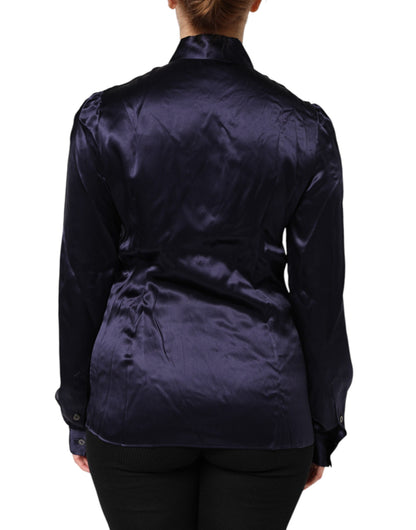 Dolce & Gabbana Dark Purple Silk Ascot Collared Blouse Top