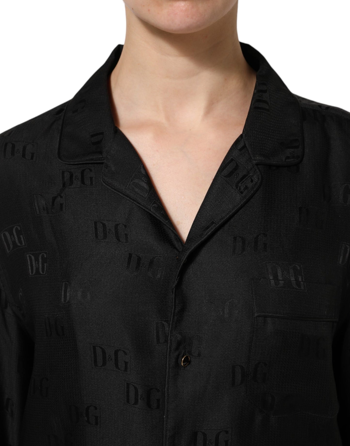 Dolce & Gabbana Black Silk DG Embroidery Long Sleeves Top