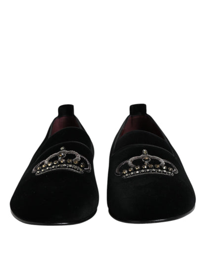 Dolce & Gabbana Black Velvet Crystal Crown Loafers Dress Shoes