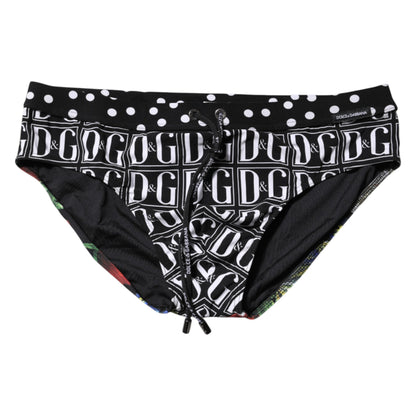 Dolce & Gabbana Black Floral Logo Beachwear Men Brief Swimwear