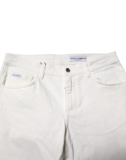 Dolce & Gabbana White Cotton Logo Plaque Slim Fit Denim Jeans