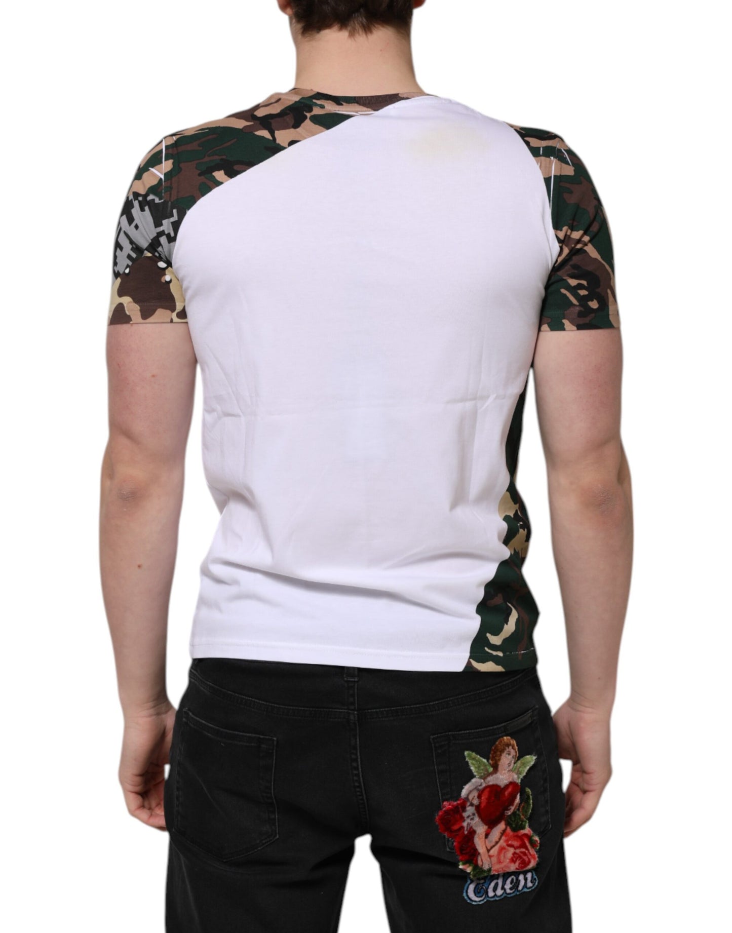 Dolce & Gabbana White Camouflage Cotton Men Crew Neck T-shirt