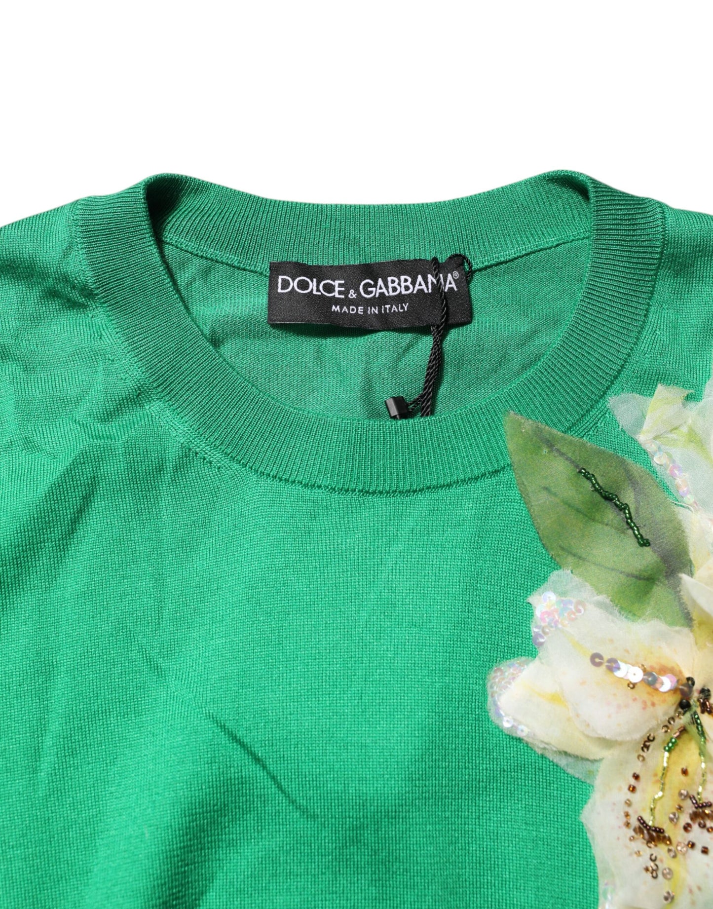 Dolce & Gabbana Green Floral Detailing Silk Pullover Sweater