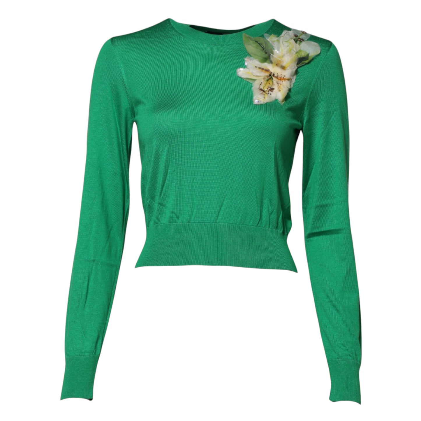 Dolce & Gabbana Green Floral Detailing Silk Pullover Sweater