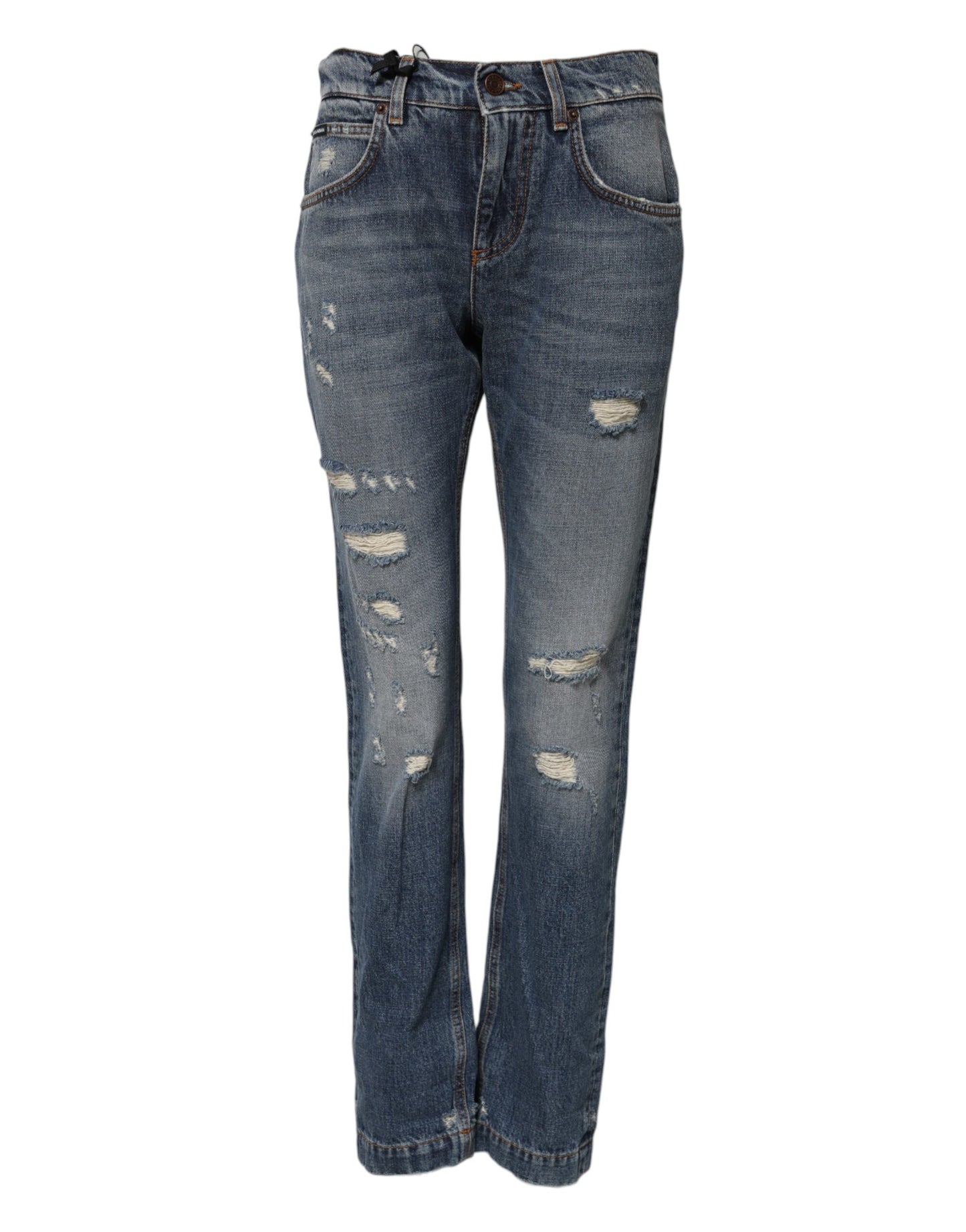 Dolce & Gabbana Blue Cotton Tattered Mid Waist Denim Jeans