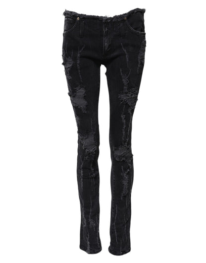 Dolce & Gabbana Black Cotton Tattered Skinny Denim Jeans