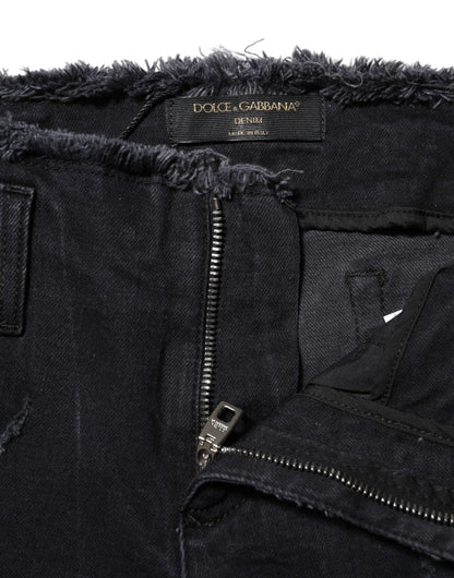 Dolce & Gabbana Black Cotton Tattered Skinny Denim Jeans