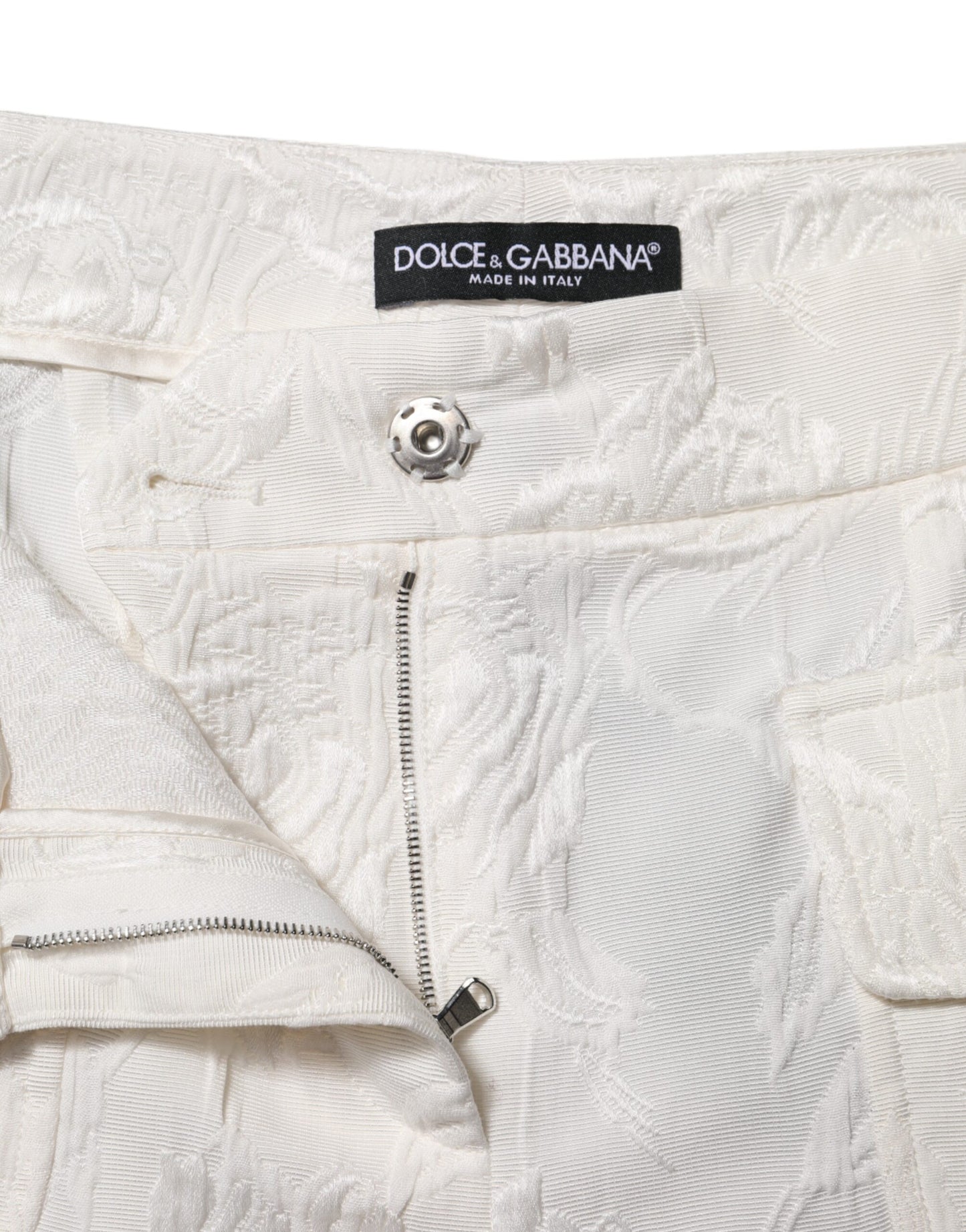 Dolce & Gabbana White Cotton Floral Jacquard Pants