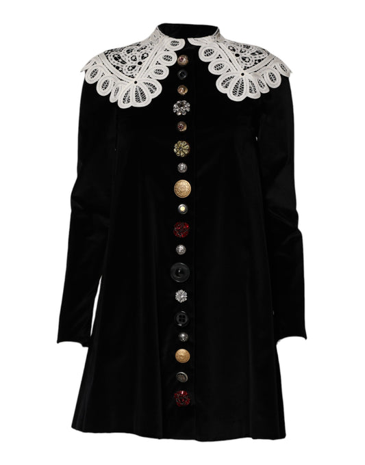 Dolce & Gabbana Black Velvet Lace Collared Embellished Dress