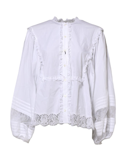 Dolce & Gabbana White Ruffled Lace Embellished Blouse Top