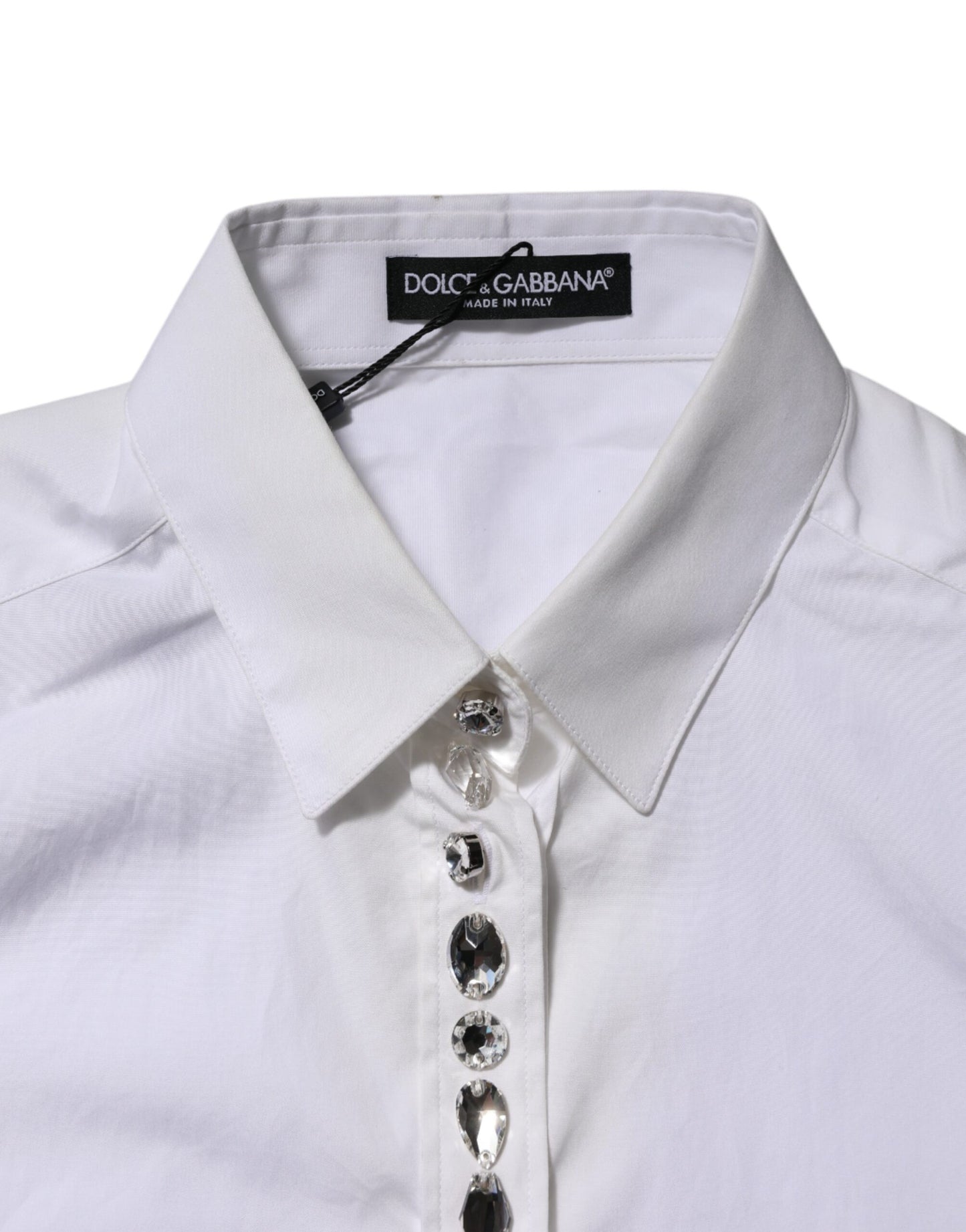 Dolce & Gabbana White Crystal Embellished Collared Shirt Top