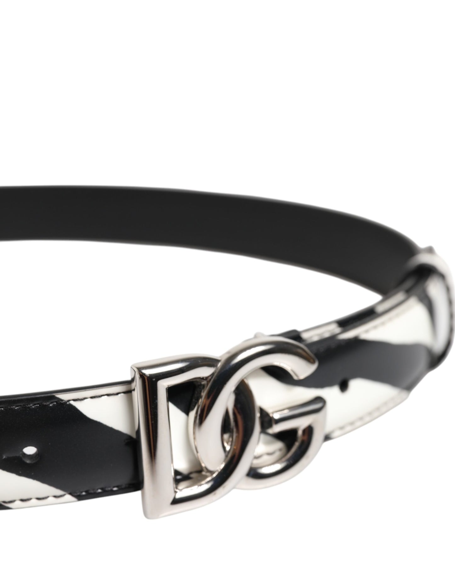 Dolce & Gabbana Black White Leather Silver Metal Buckle Belt