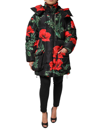 Dolce & Gabbana Black Floral Polyester Hooded Quilted Jacket