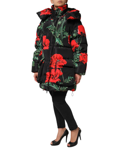 Dolce & Gabbana Black Floral Polyester Hooded Quilted Jacket