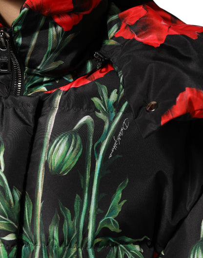 Dolce & Gabbana Black Floral Polyester Hooded Quilted Jacket
