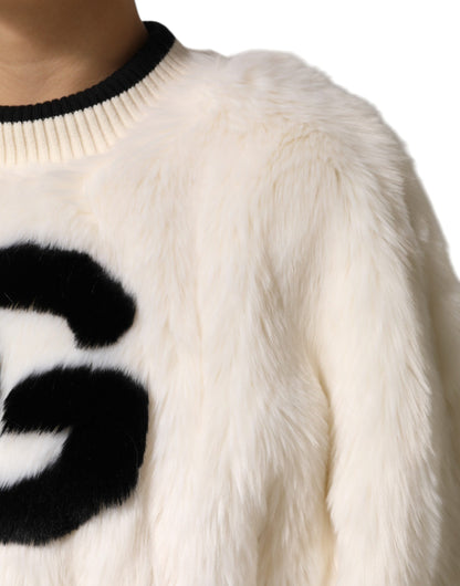 Dolce & Gabbana White Cropped Faux Fur DG Sweatshirt Sweater