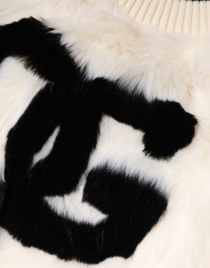 Dolce & Gabbana White Cropped Faux Fur DG Sweatshirt Sweater