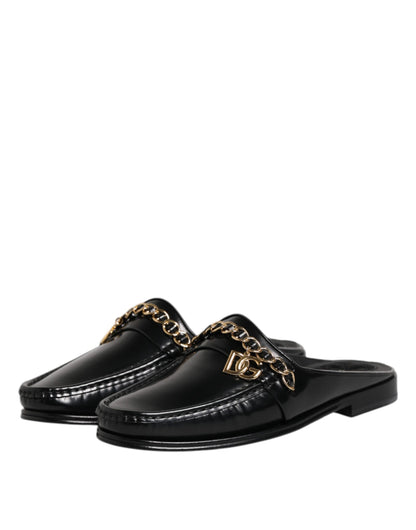 Dolce & Gabbana Black Leather DG Chain Embellished Sandals Shoes
