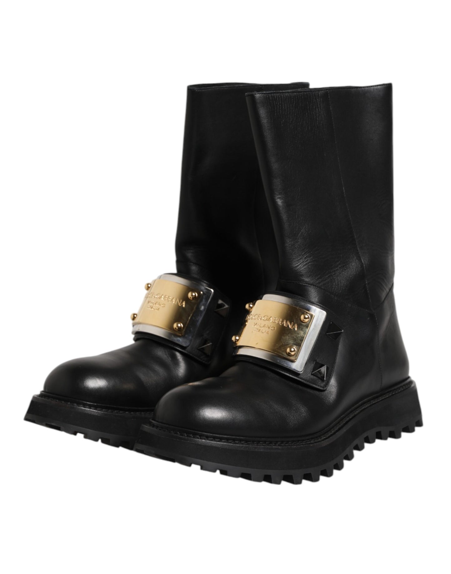 Dolce & Gabbana Black Leather DG Logo Plaque High Boots Shoes