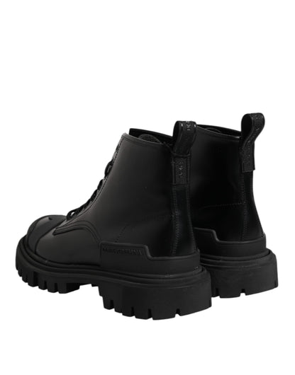 Dolce & Gabbana Black Leather Lace Up Mid Calf Boots Shoes