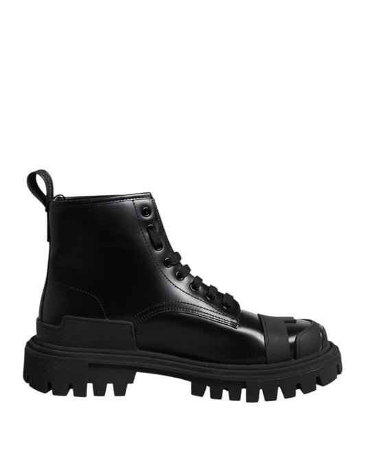 Dolce & Gabbana Black Leather Lace Up Mid Calf Boots Shoes