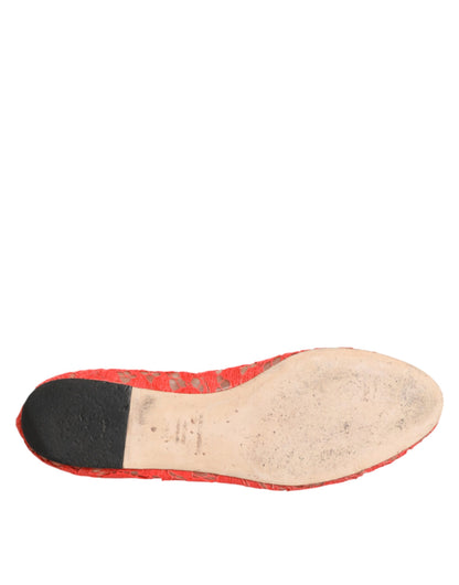 Dolce & Gabbana Orange Lace Crystal Ballet Flats Loafers Shoes