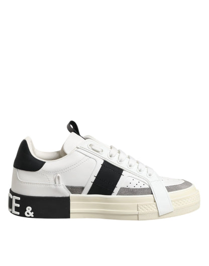 Dolce & Gabbana White Black Leather Low Top Sneakers Shoes