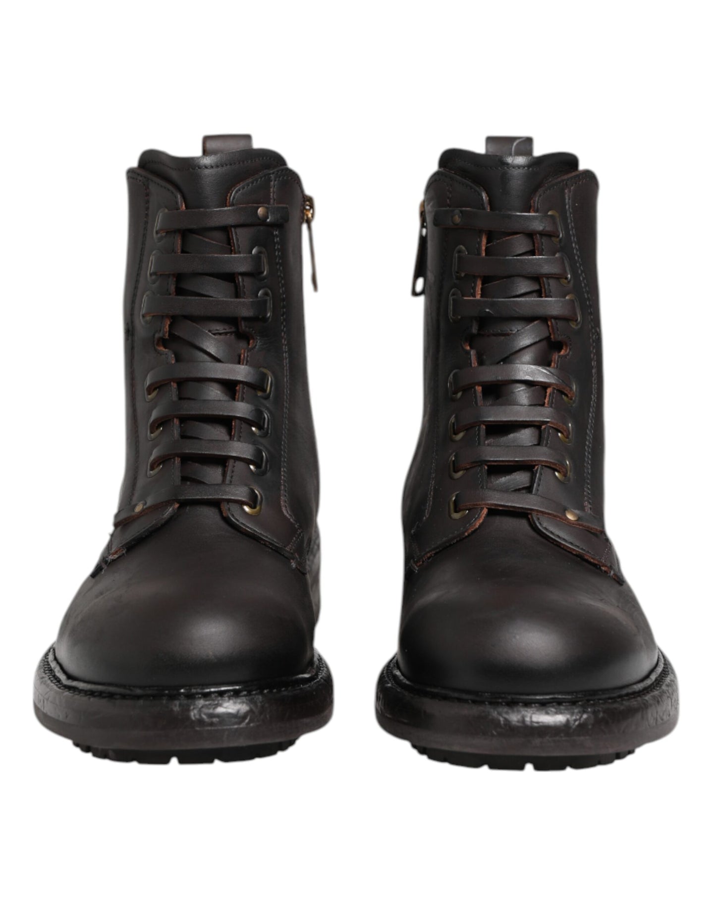 Dolce & Gabbana Dark Brown Leather Lace Up Mid Calf Boots Shoes